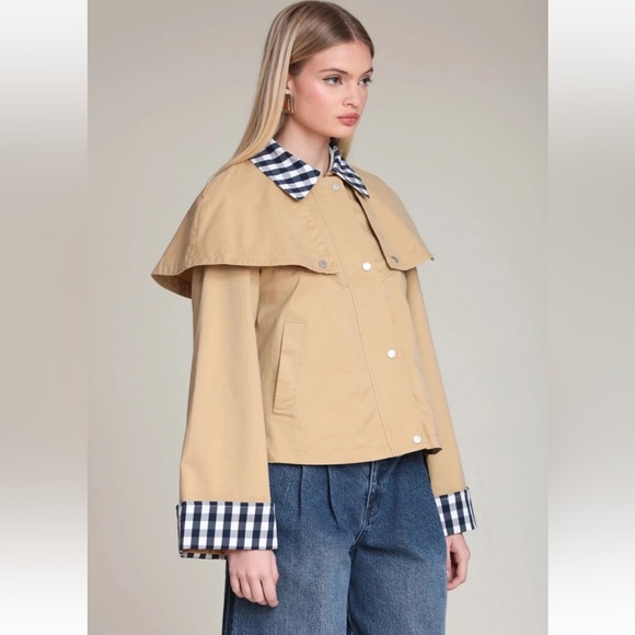 NEW! NWT AVEC LES FILLES Gingham Trim Cotton Cape Jacket in Khaki Size XS - Picture 3 of 7